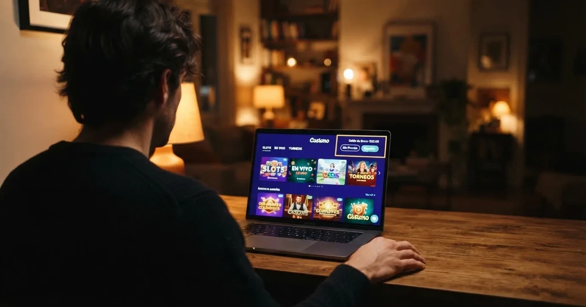 Un jugador consulta las condiciones de un bono sin depósito en la pantalla de un casino online español, con el saldo de bono visible en la esquina superior