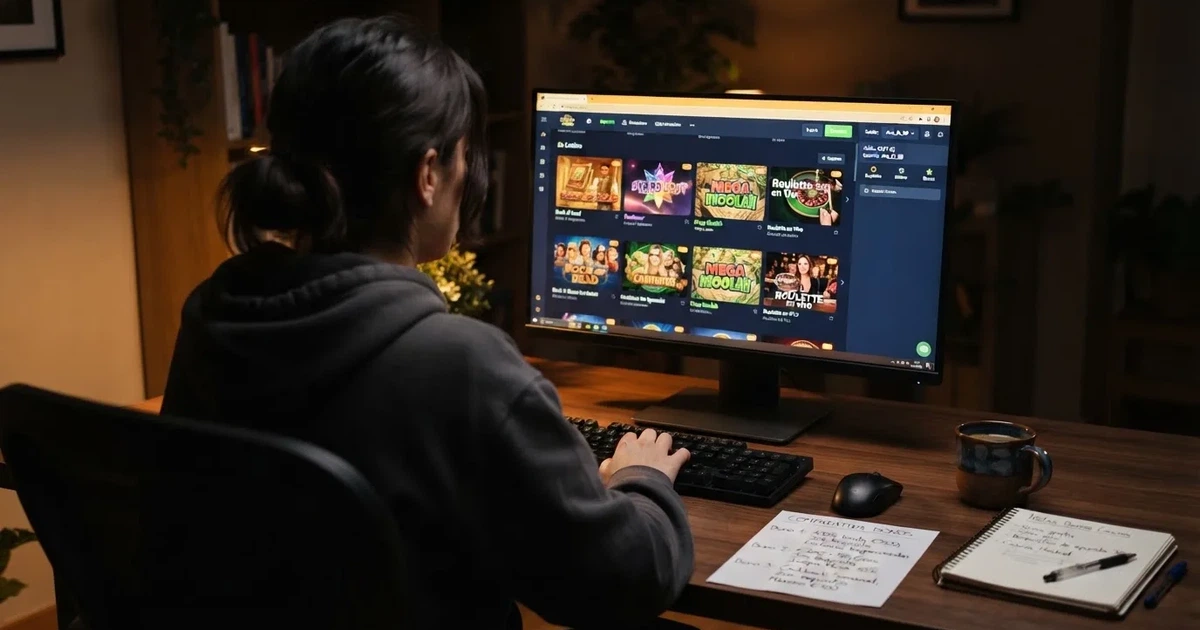Un jugador consultando una tabla comparativa de bonos de casino en la pantalla de un ordenador, con el logo de la DGOJ visible en una de las fichas de operador
