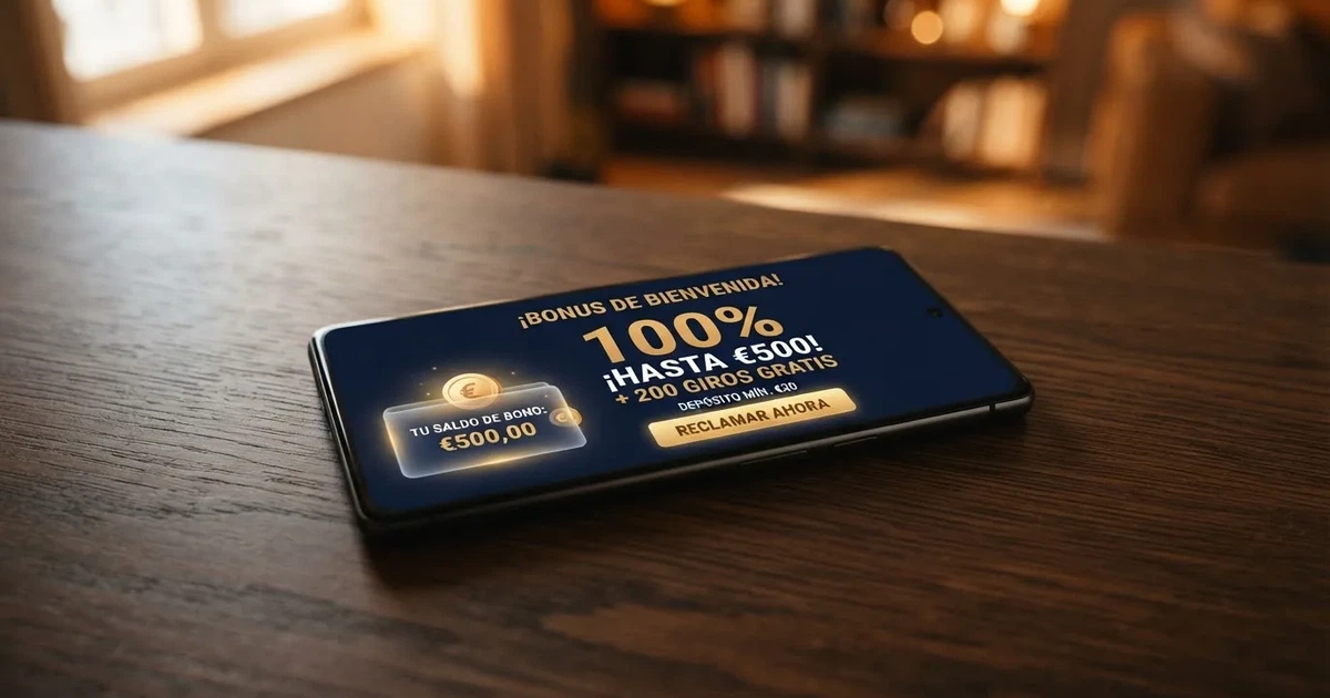 Pantalla de un casino online español mostrando una oferta de bono de bienvenida del 100% junto al saldo duplicado en el monedero de bono