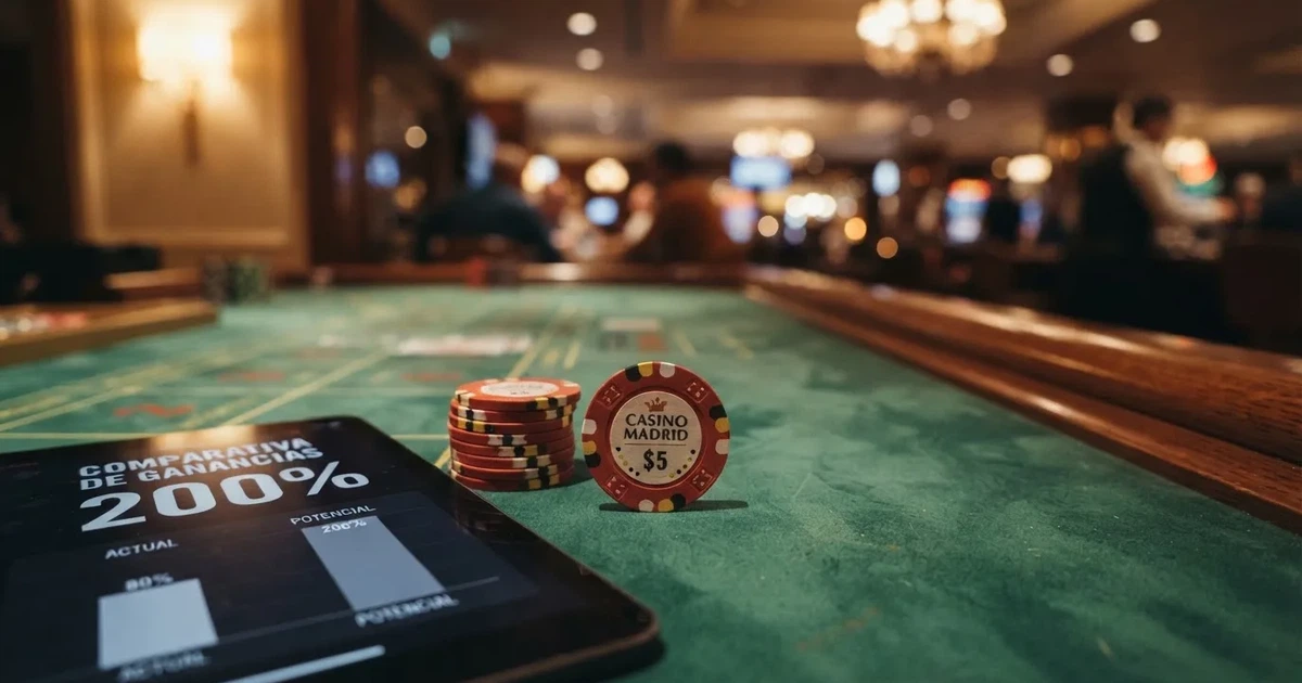 Comparativa de bonos de casino del 200% en España sobre una mesa con fichas y una pantalla mostrando términos de bono