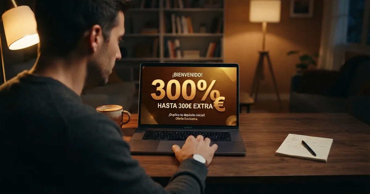 Un jugador consulta en la pantalla de un ordenador portátil una oferta de bono de bienvenida del 300% en un casino online, con el porcentaje destacado en la interfaz