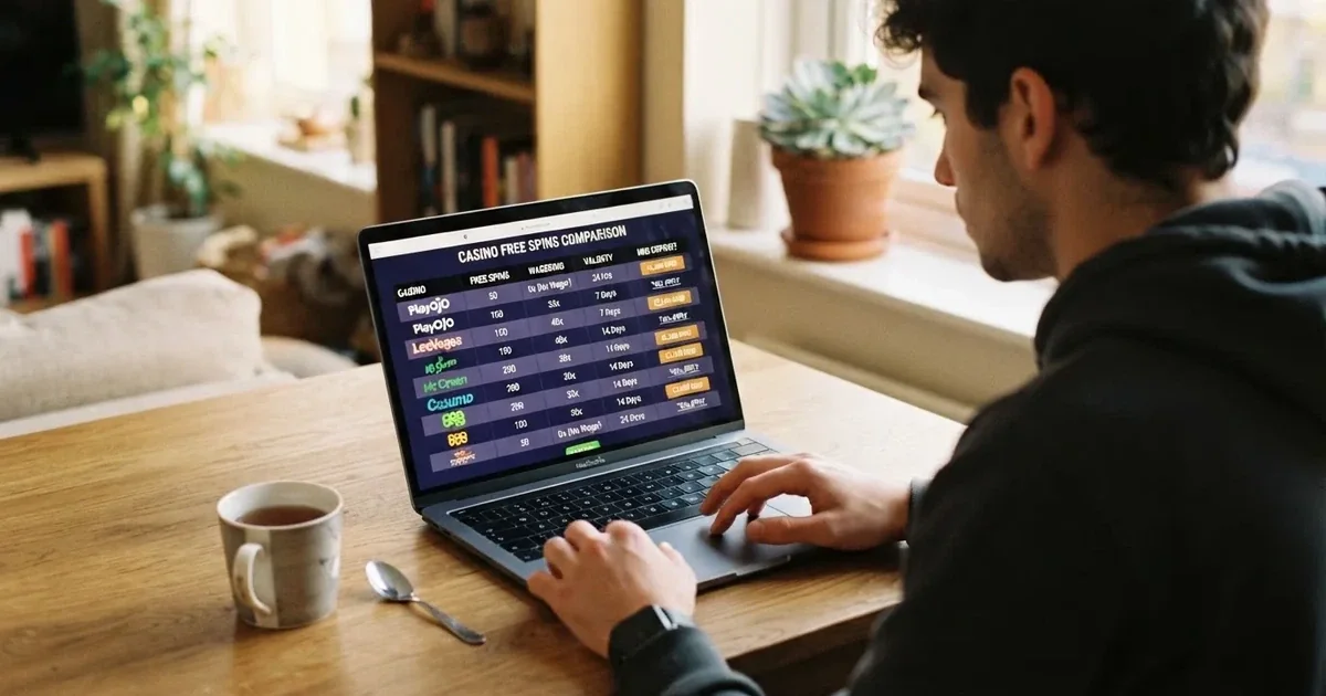 Un jugador consultando una tabla comparativa de ofertas de tiradas gratis en la pantalla de un ordenador, con el logo de la DGOJ visible en una esquina de la interfaz