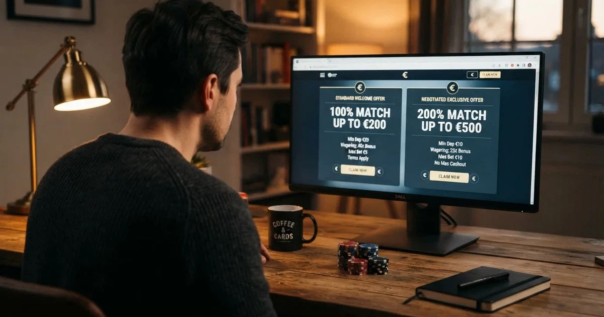 Un jugador frente a la pantalla de un ordenador comparando dos páginas de promociones de casino, una con una oferta estándar y otra con una oferta etiquetada como exclusiva para afiliados