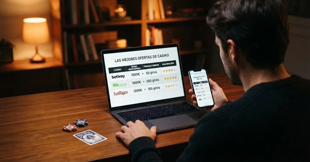 Jugador consultando en un móvil y un portátil una tabla comparativa de bonos de casino, con fichas y cartas en segundo plano