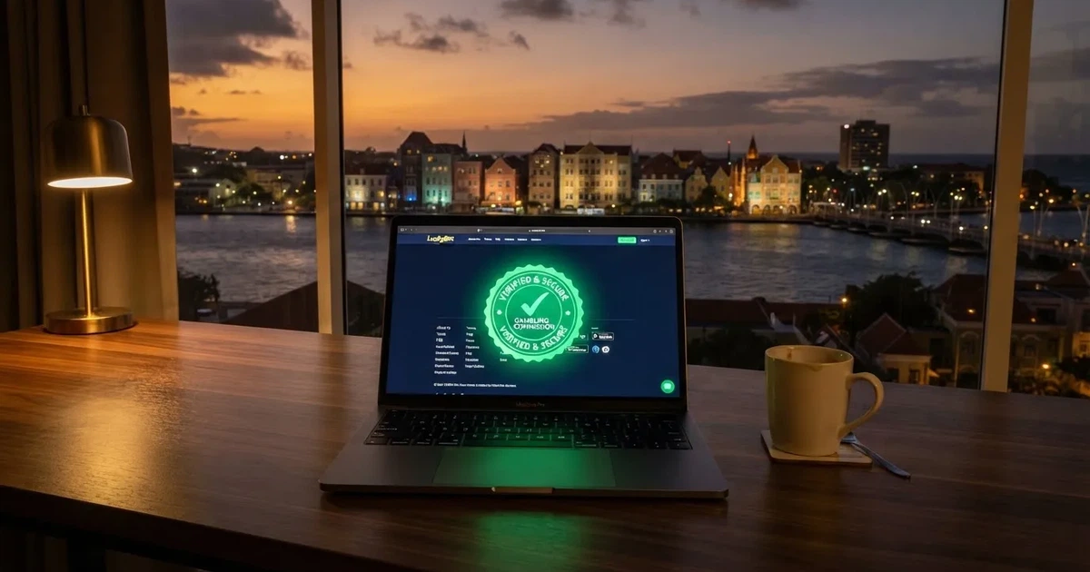 Sello verde de la CGA sobre el footer de un casino online con la silueta de Willemstad al fondo