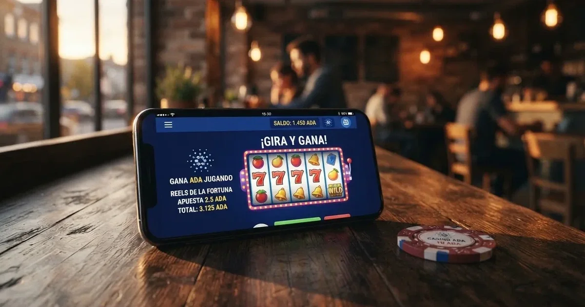 Un monedero digital mostrando el logotipo de Cardano (ADA) sobre la interfaz de un casino online, con fichas de juego y una pantalla de depósito en criptomonedas.