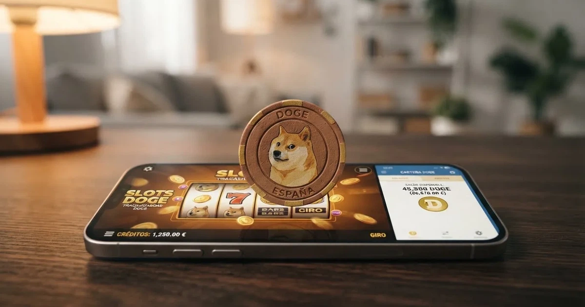 Moneda de Dogecoin sobre la pantalla de un móvil con la interfaz de un casino online y una wallet de criptomonedas abierta