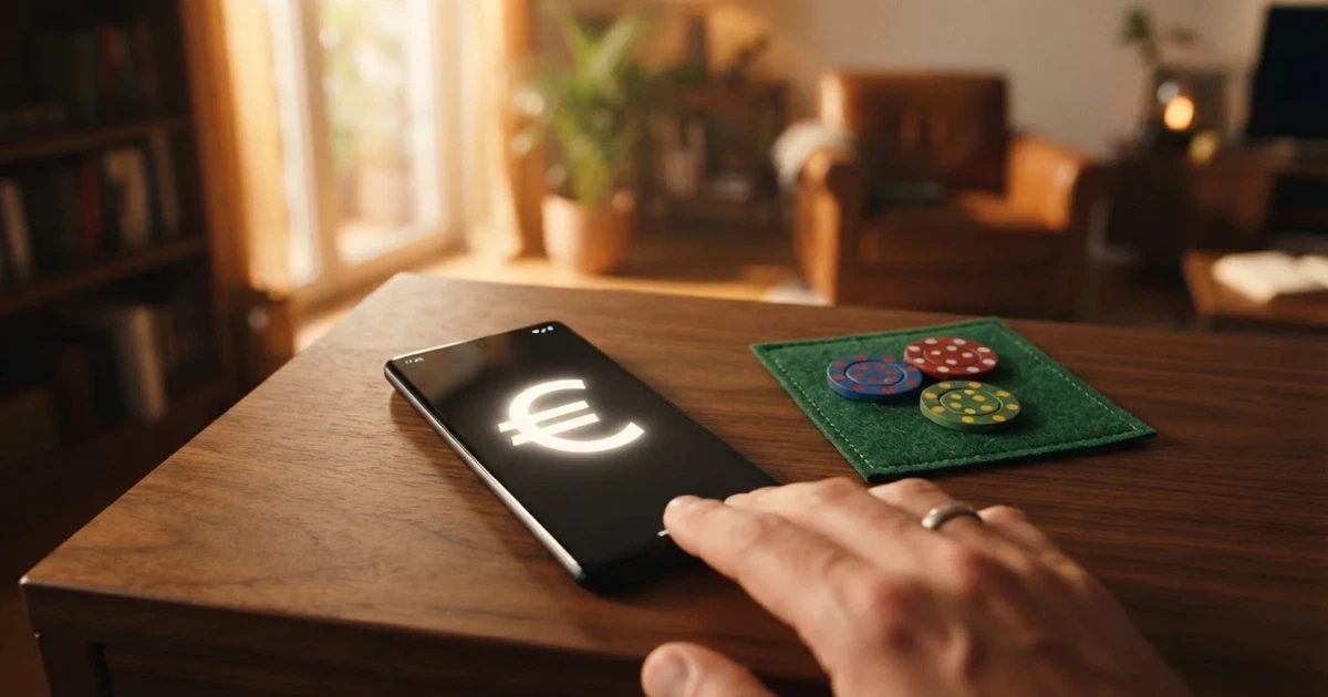 Pantalla dividida mostrando a la izquierda el logo de USDC y el sello MiCA de la Unión Europea, a la derecha una interfaz de casino online con fichas y cartas, conexión visual mediante una flecha que sugiere el depósito con cripto