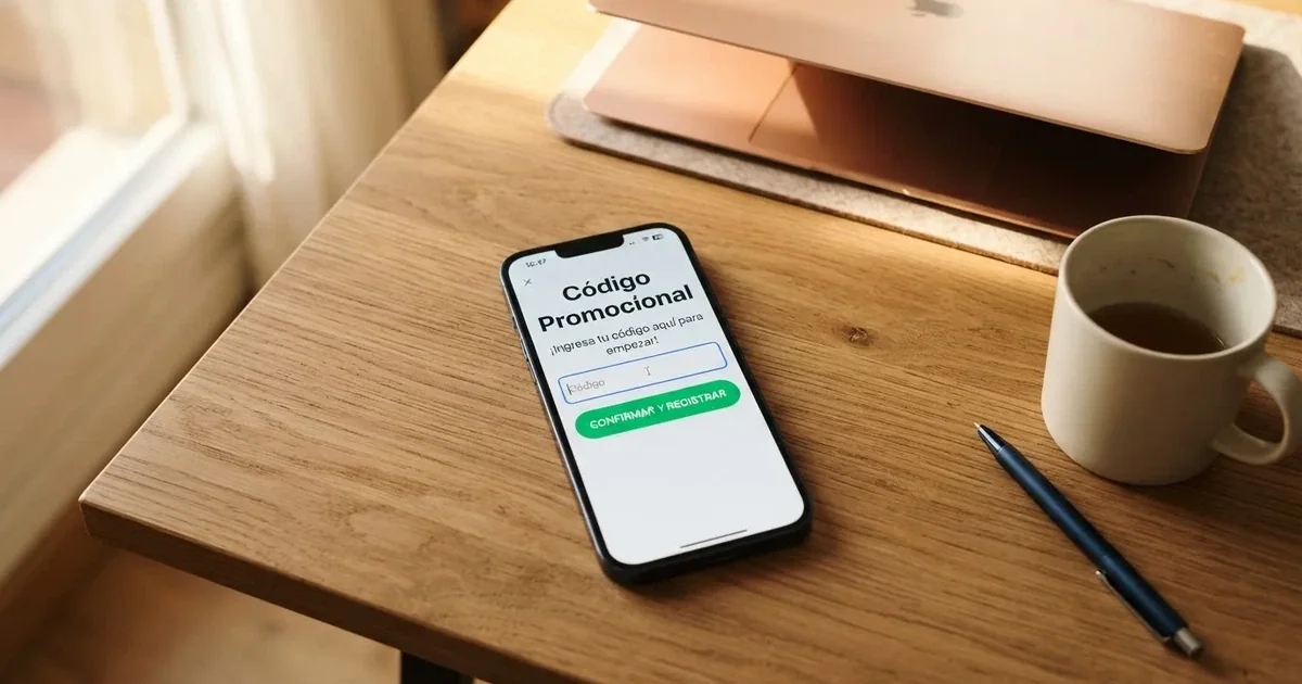 Primer plano de un teléfono móvil mostrando la pantalla de registro de un casino online español con el campo «c ódigo promocional» visible, sobre una mesa con un portátil al fondo