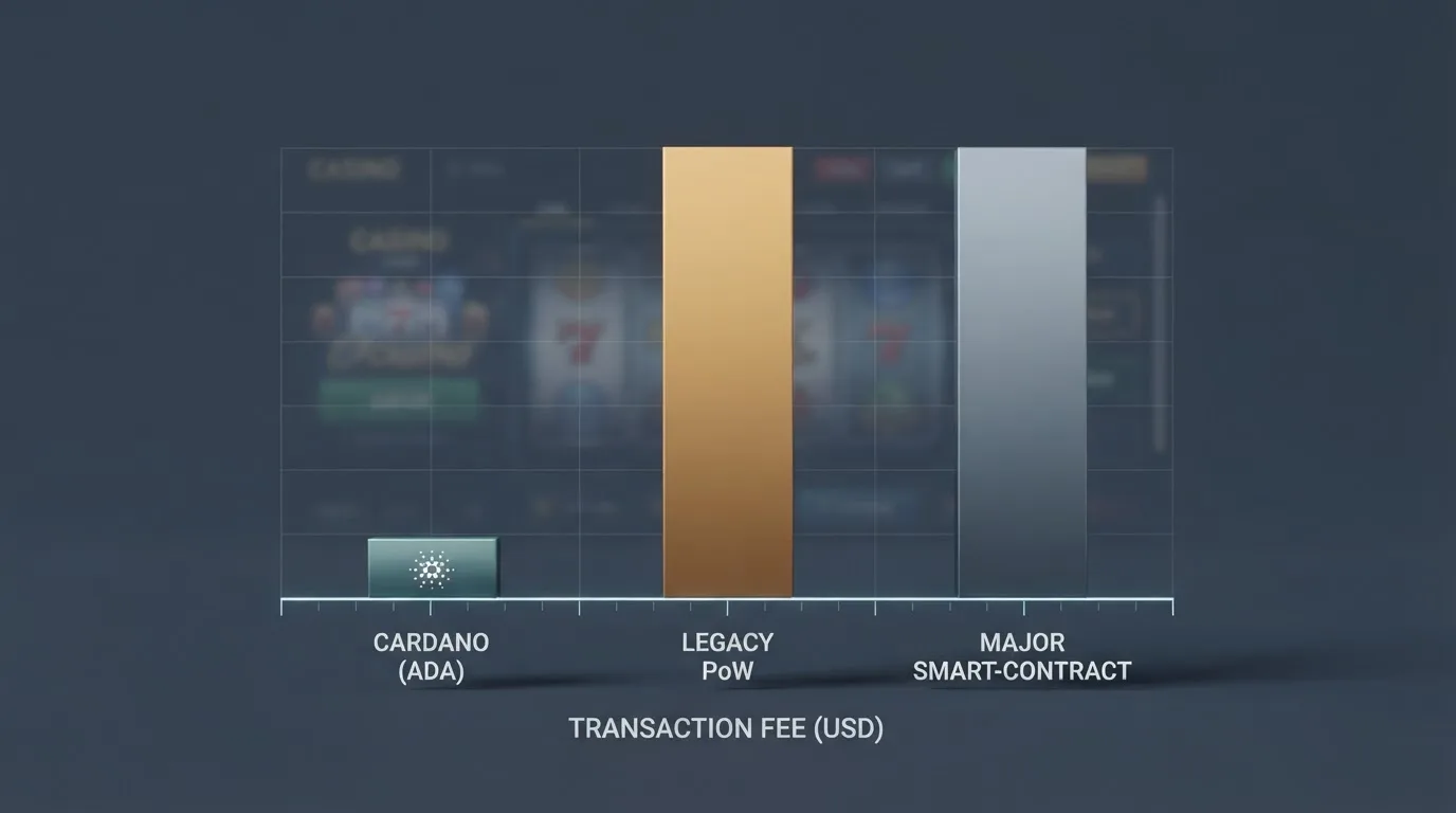 Gráfico comparativo de comisiones por transacción: una columna baja para Cardano (~0,17 ADA) frente a columnas más altas para Bitcoin y Ethereum, sobre el fondo de una interfaz de casino.