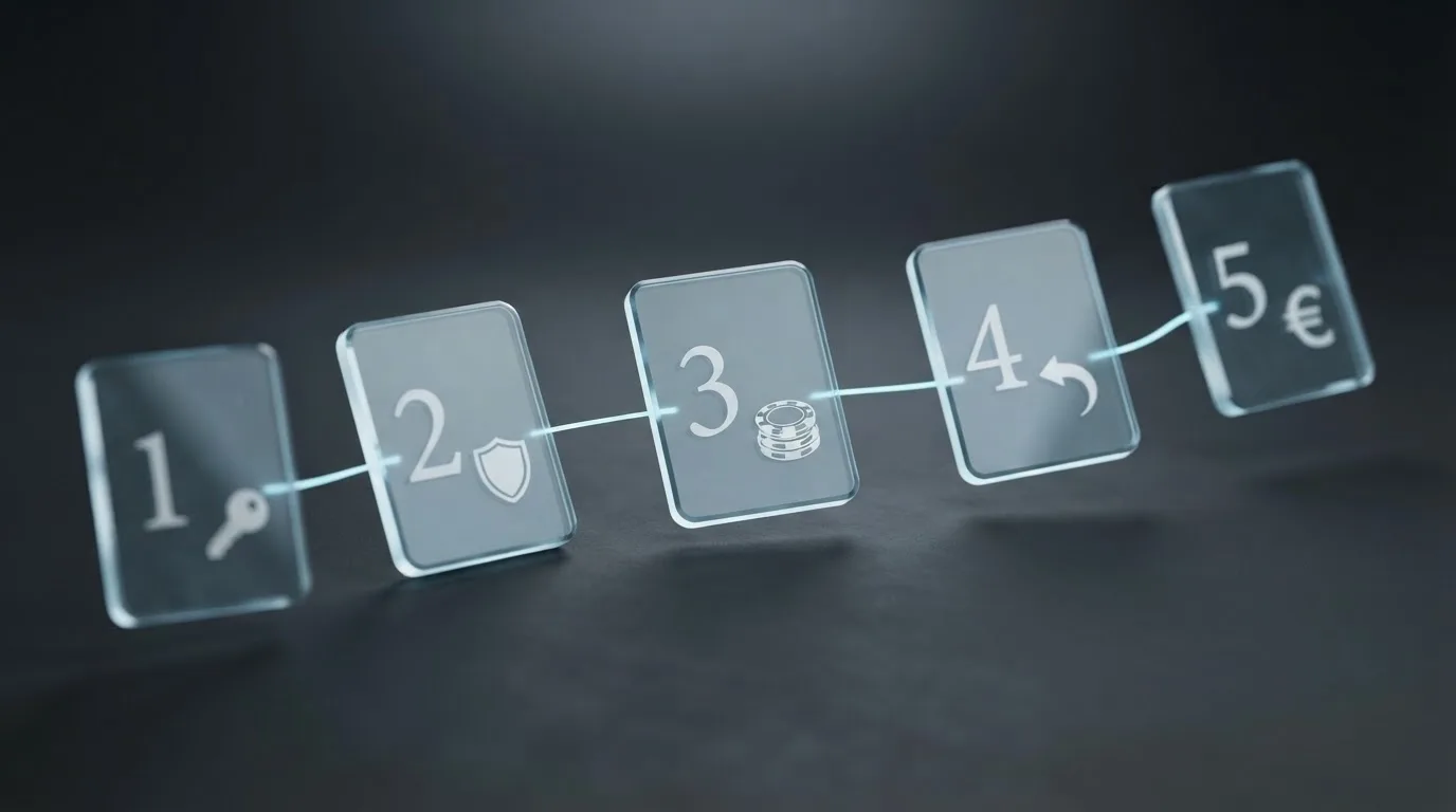 Diagrama visual de los pasos del bono sin depósito: registro, verificación KYC, activación del bono, apuesta del rollover y retirada del saldo real