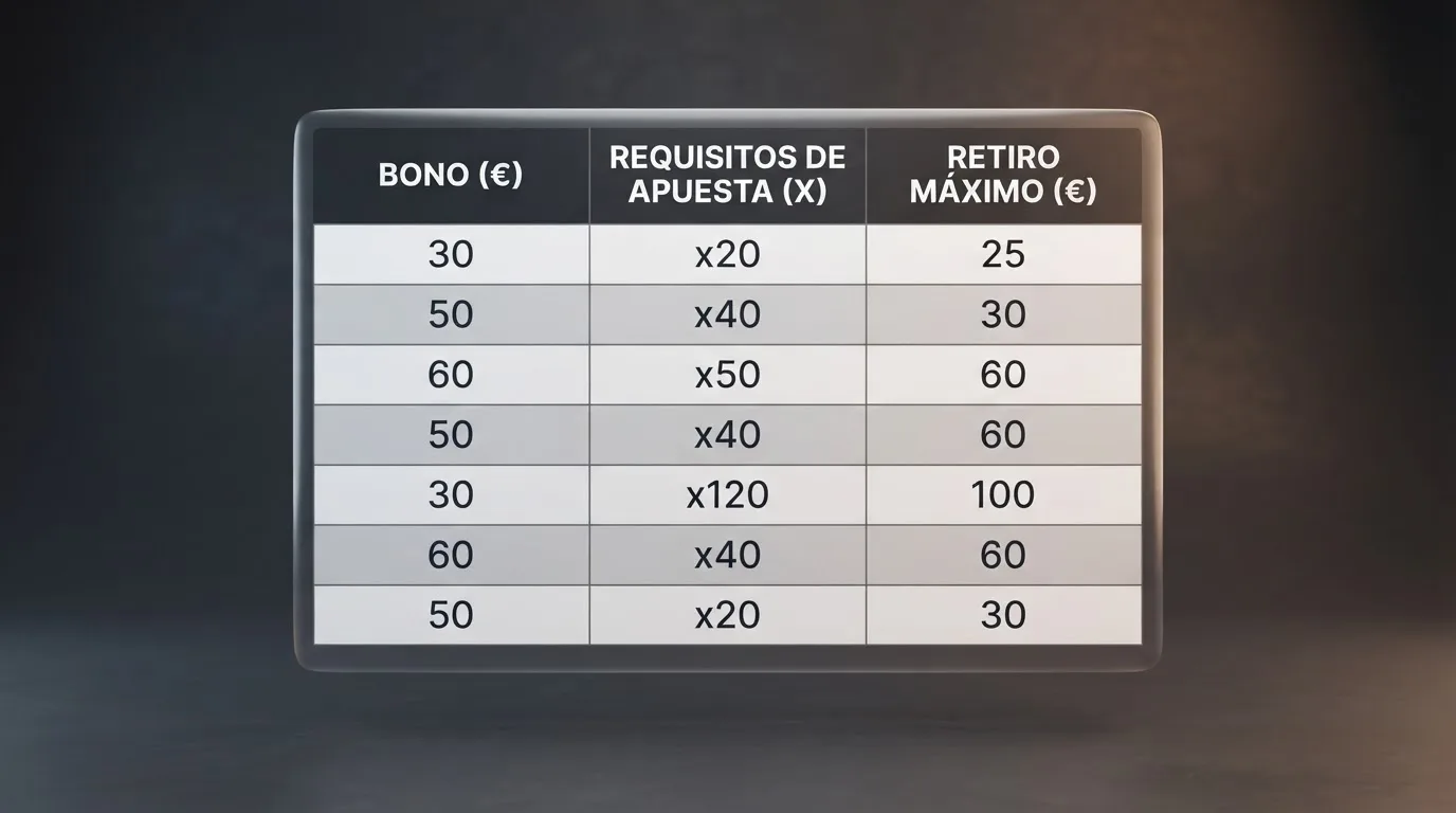 Primer plano de una tabla comparativa con columnas de bono, rollover y máximo retirable, con valores en euros