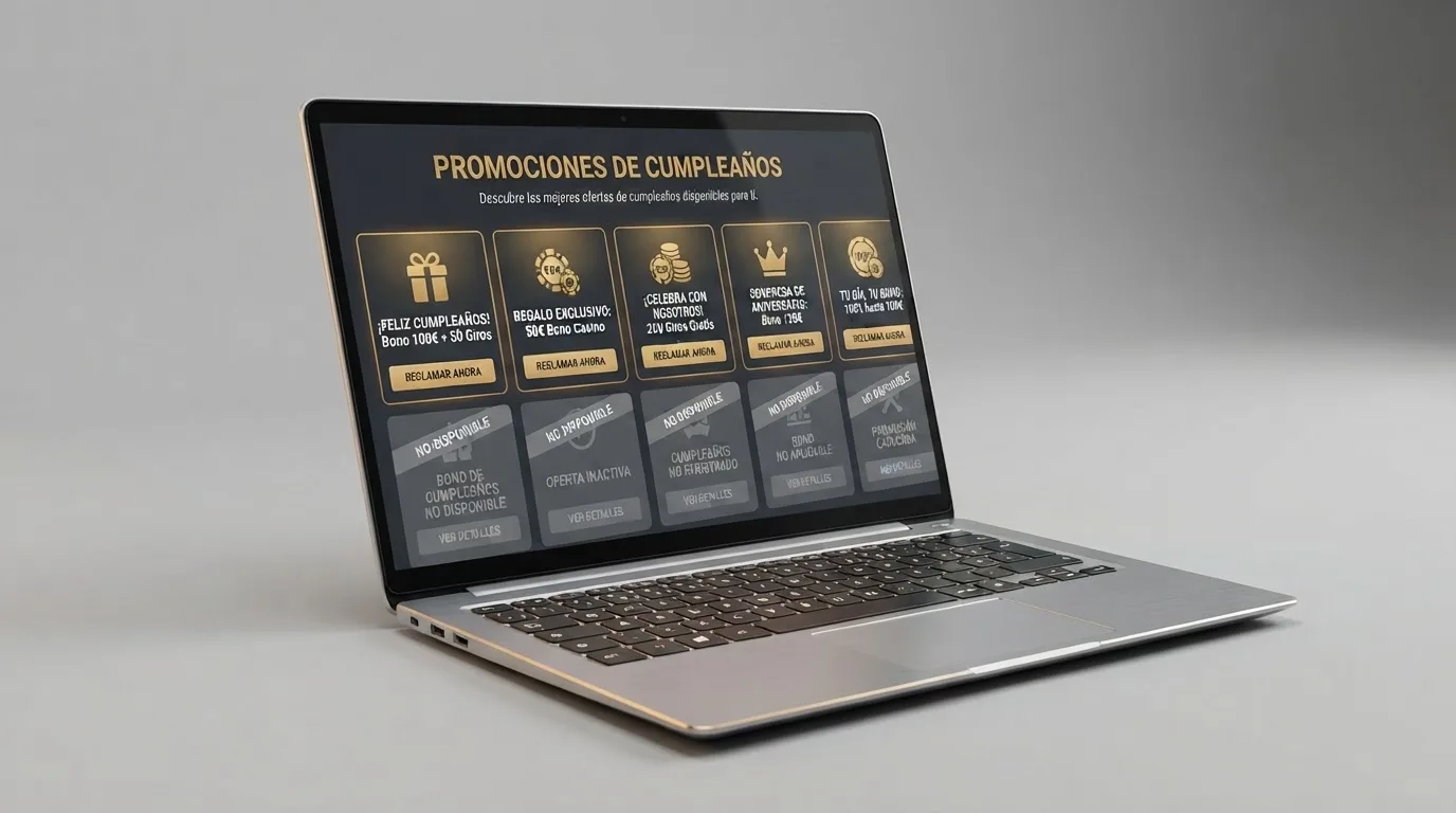 Interfaz de casino online español con el apartado de promociones abierto y varias ofertas de cumpleaños visibles en pantalla