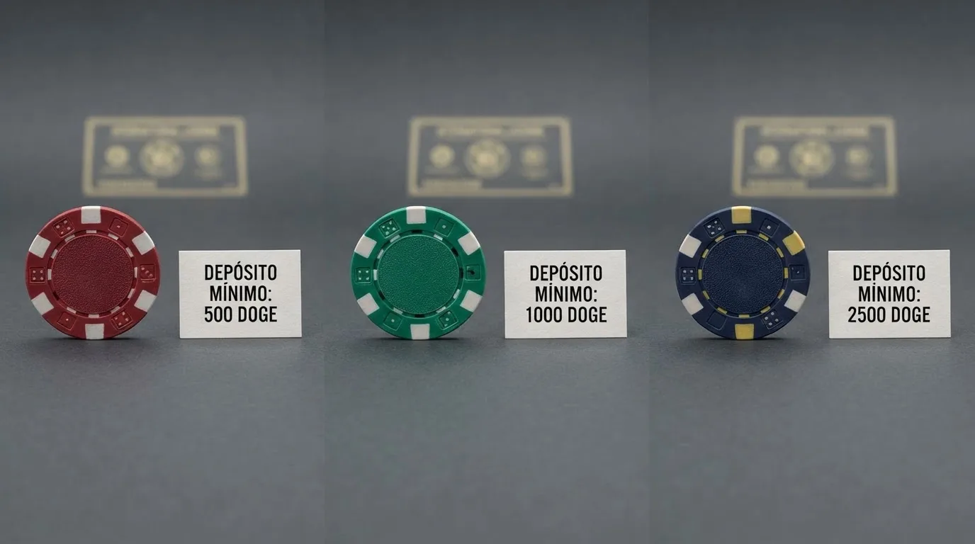 Pantalla dividida con fichas de varios casinos online mostrando sus respectivos depósitos mínimos en Dogecoin y logotipos de licencia internacional