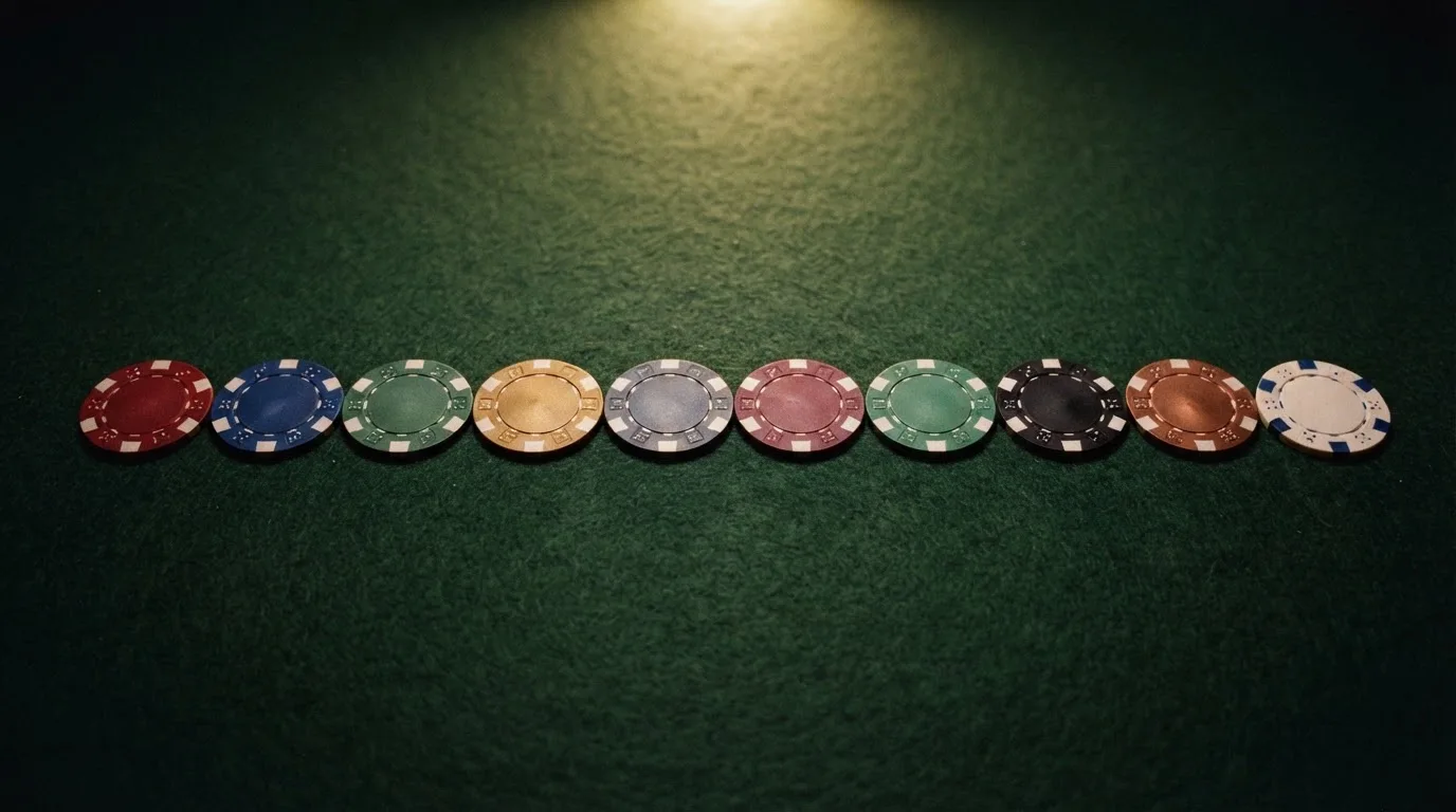 Fila de diez fichas de casino con los colores de cada operador destacado dispuestas sobre una mesa de comparación