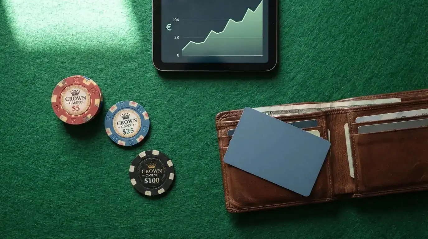 Una mesa con fichas de casino junto a una cartera física de donde asoma una tarjeta y un gráfico con el logo de Litecoin