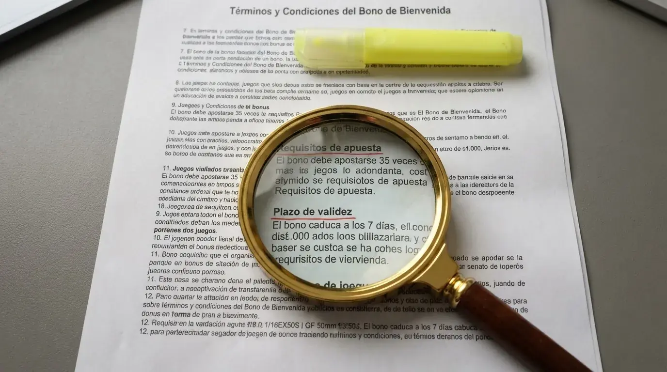 Primer plano de un documento con los términos y condiciones de un bono de casino, con una lupa sobre los apartados de rollover y caducidad subrayados