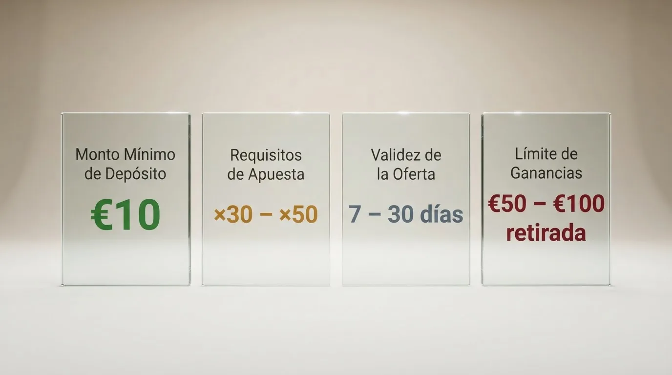 Esquema visual con las cuatro condiciones que determinan el valor real de un bono sin depósito: importe, rollover, caducidad y límite de retirada