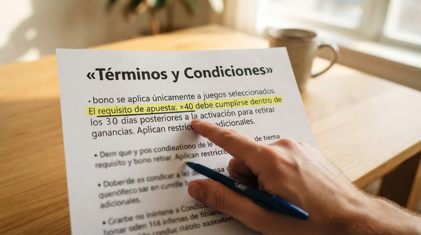 Primer plano de los términos y condiciones de una promoción de tiradas gratis con el apartado del requisito de apuesta subrayado