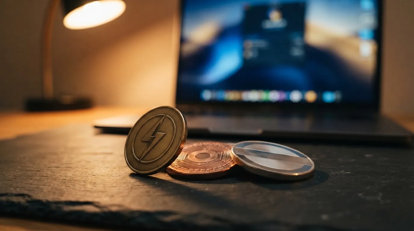 Monedas físicas de Bitcoin, Ethereum y USDT sobre un fondo de interfaz de casino con saldo en cripto