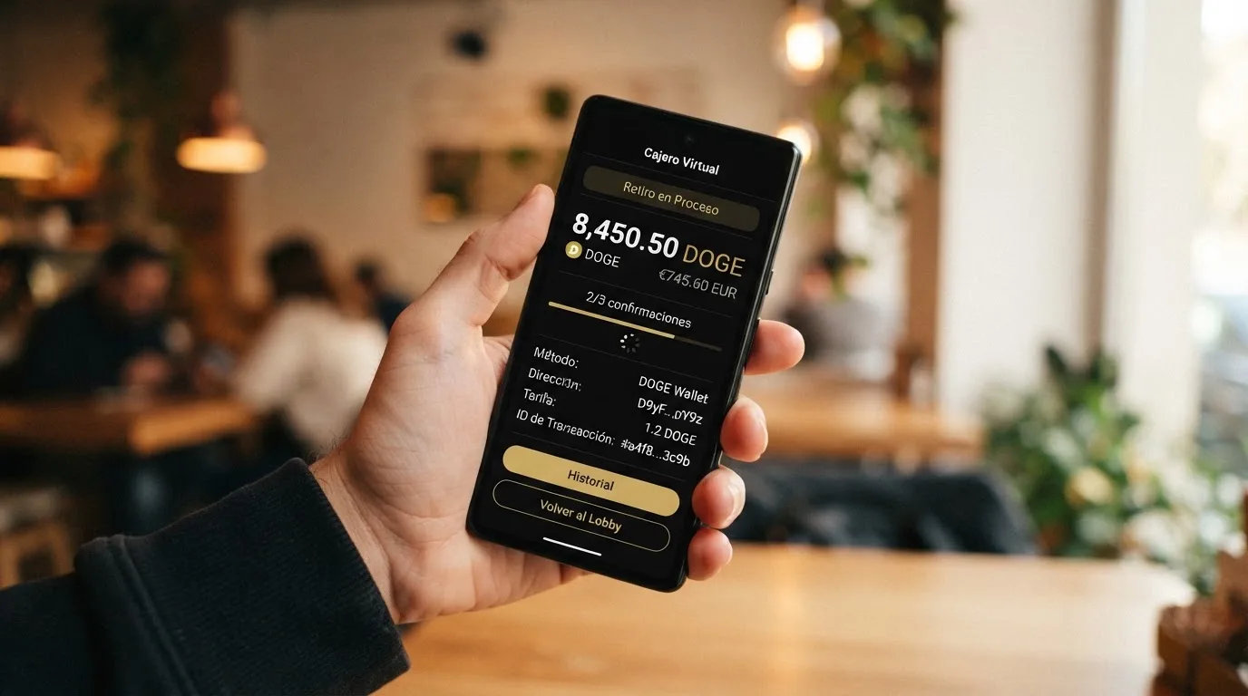 Cajero virtual de un casino con Dogecoin mostrando el conteo de confirmaciones en pantalla junto al importe en DOGE y su equivalente en euros