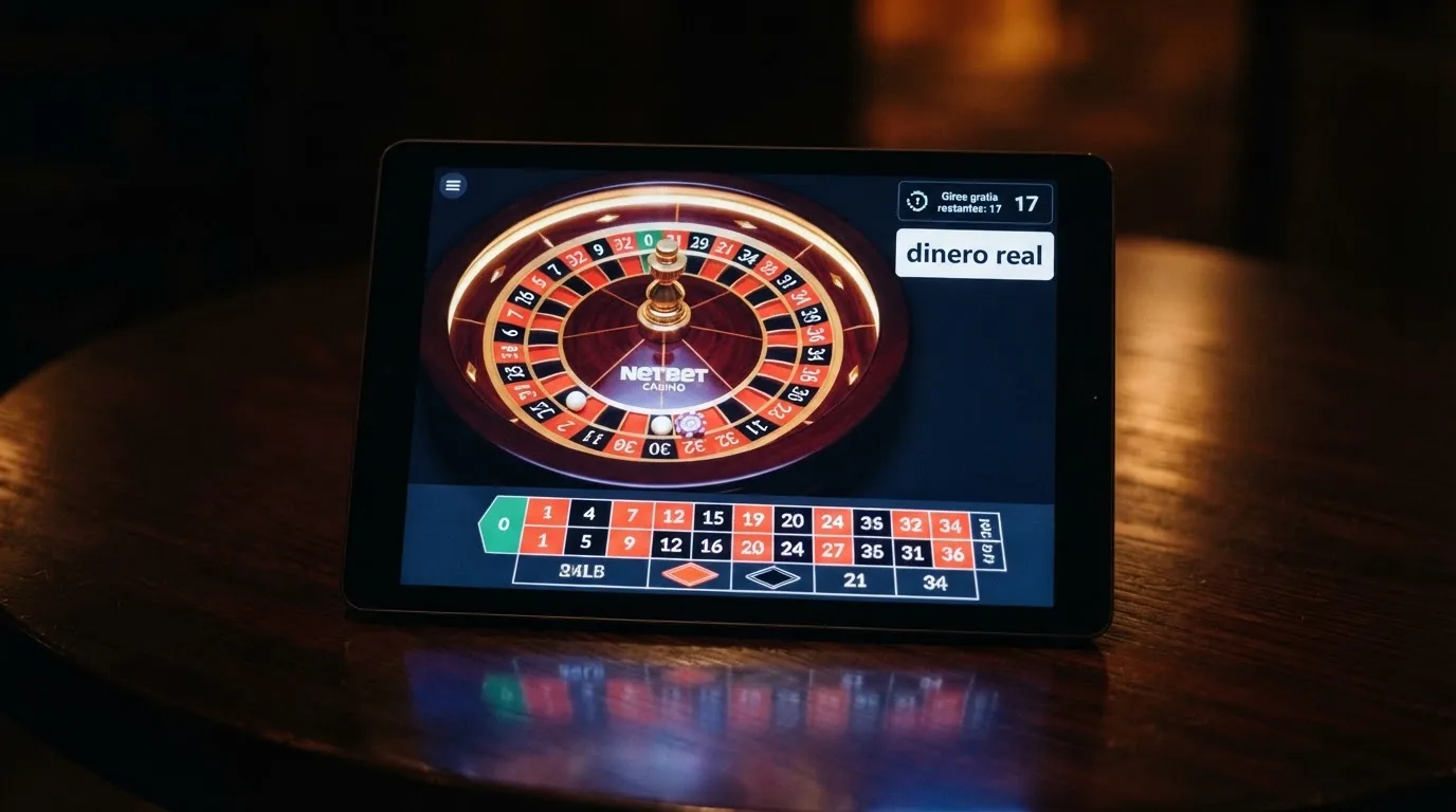 Una ruleta de casino online mostrando el contador de giros gratis junto a la etiqueta «dinero real» en la interfaz de juego