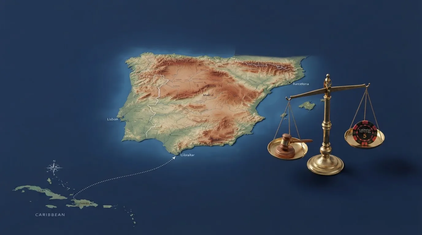 Mapa de España con un icono de casino offshore y una balanza que pesa la ley 13/2011 frente al jugador