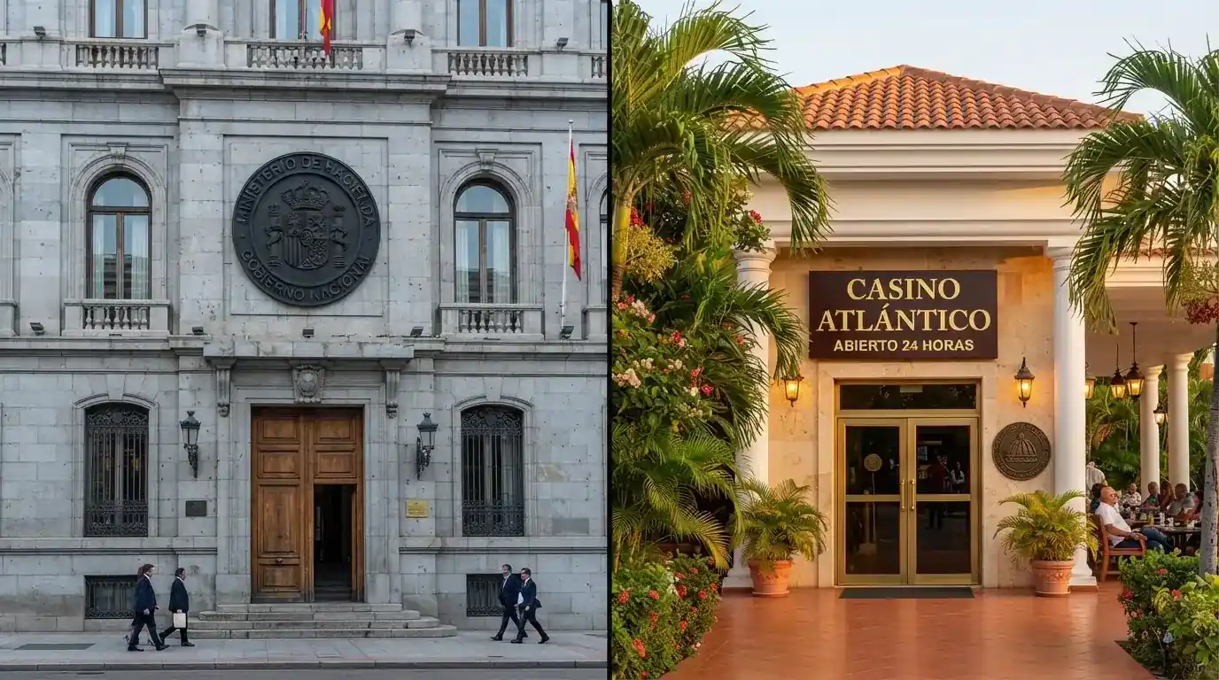 Pantalla dividida: a la izquierda, sede de la DGOJ en Madrid; a la derecha, un sello de licencia de Curaçao sobre la fachada de un casino online