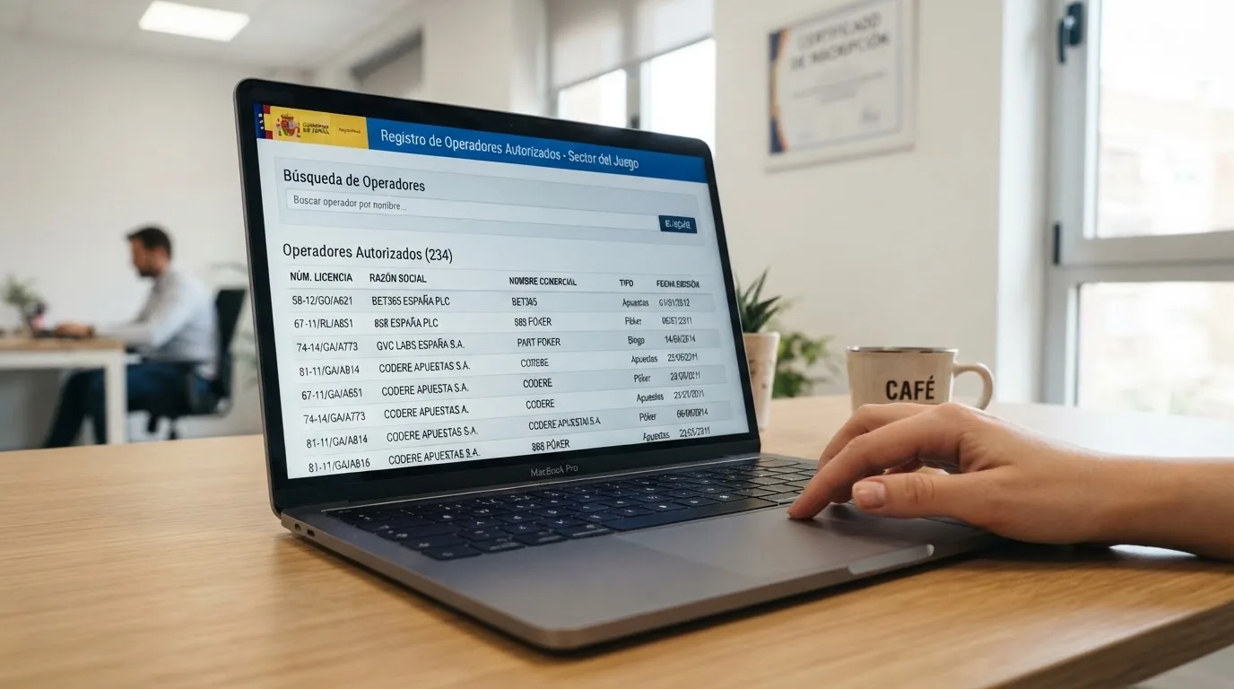 Captura de pantalla del Registro General de Licencias de Juego de la DGOJ con el campo de búsqueda visible y el dominio ordenacionjuego.es en la barra de direcciones