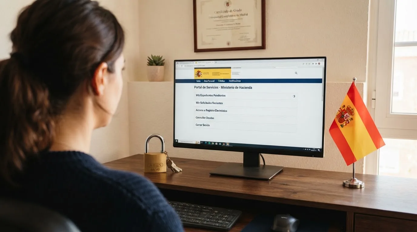 Pantalla de ordenador mostrando la web de la DGOJ con el listado oficial de operadores autorizados, junto a un candado y la bandera de España
