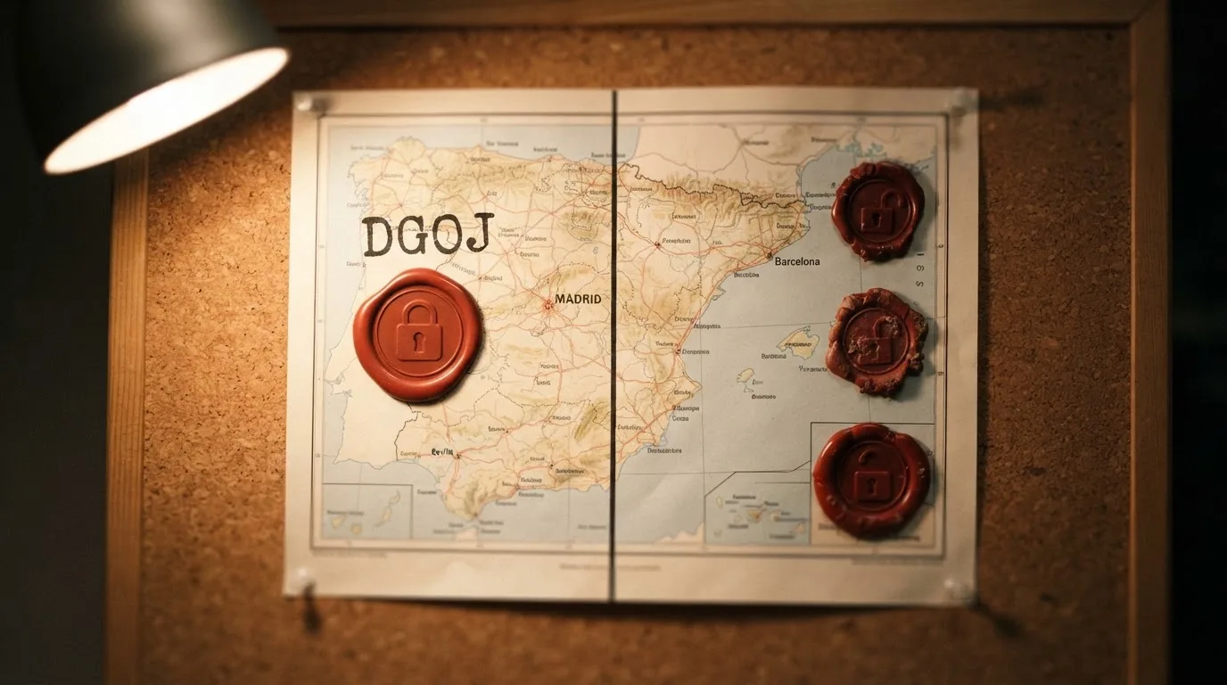 Un mapa de España con dos columnas enfrentadas: a la izquierda, el sello de la DGOJ con un candado cerrado; a la derecha, sellos de Curaçao, Anjouan y Costa Rica con un candado abierto.