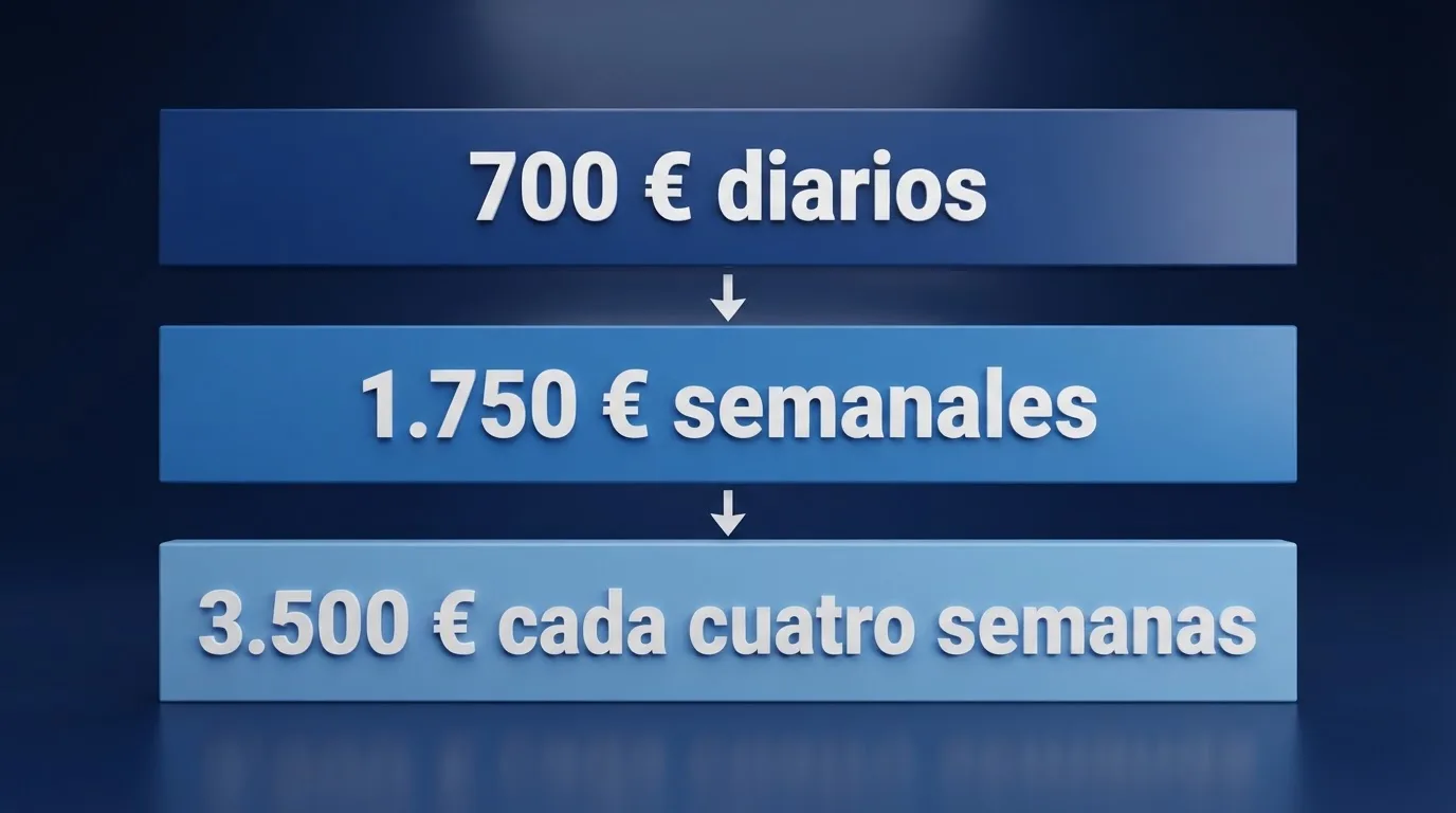 Infografía con los tres límites de depósito conjuntos del RD 520/2026: 700 € diarios, 1.750 € semanales y 3.500 € cada cuatro semanas