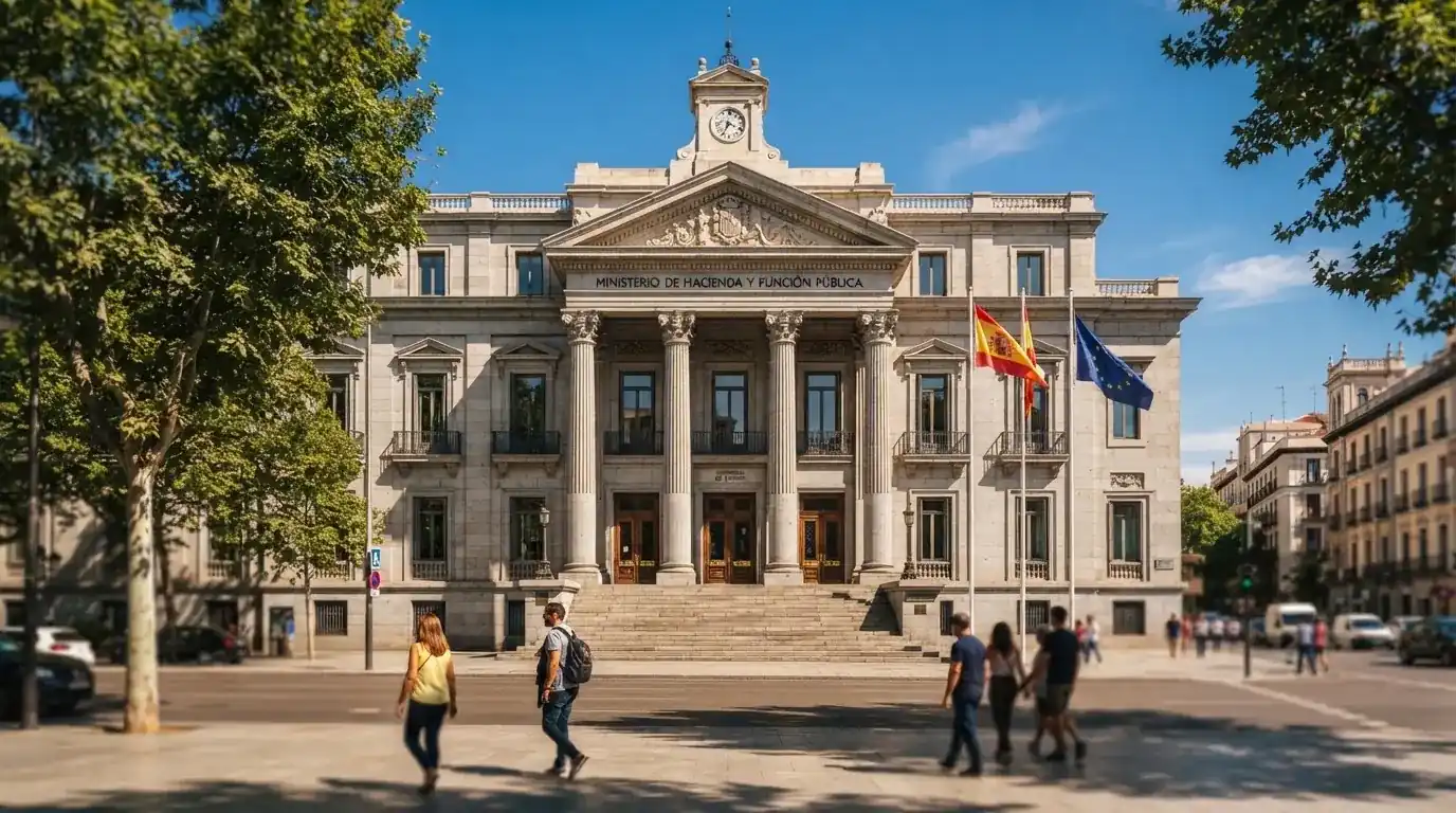 Fachada del edificio del Ministerio de Consumo en Madrid con la bandera de España y de la Unión Europea, en un día despejado