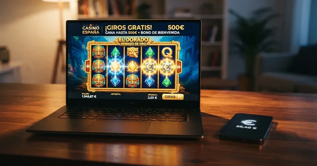 Pantalla de un casino online español mostrando una promoción de giros gratis sin depósito junto a una tragaperras en funcionamiento