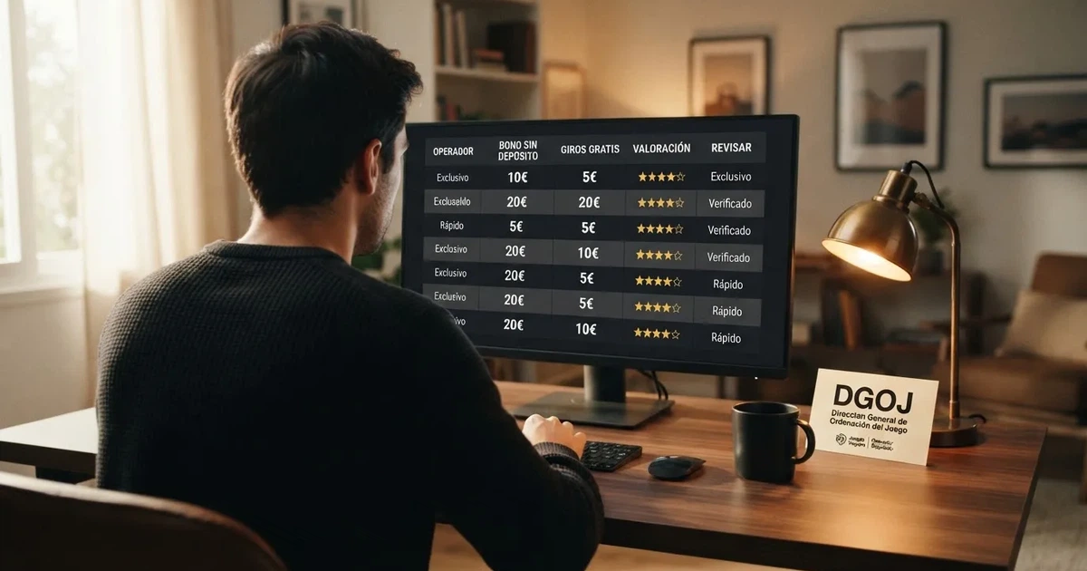 Jugador consultando una tabla comparativa de casinos online en una pantalla de ordenador, con el logo de la DGOJ visible en un lateral