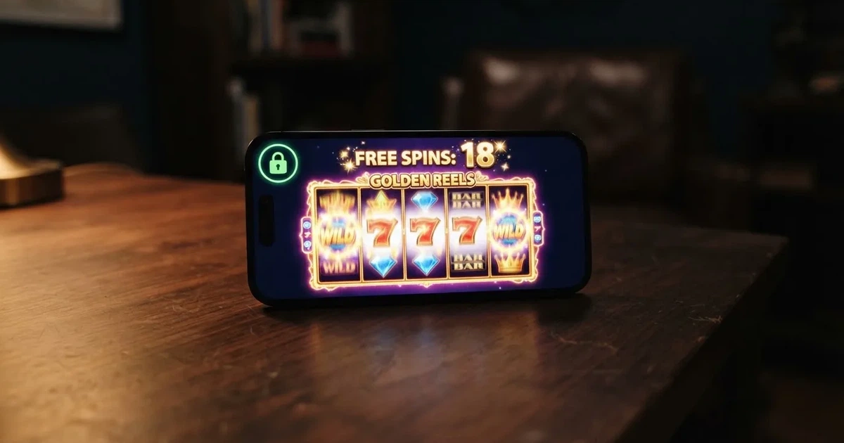 Primer plano de un móvil mostrando una slot de casino con el contador de tiradas gratis activo y un candado DGOJ visible en la esquina de la pantalla