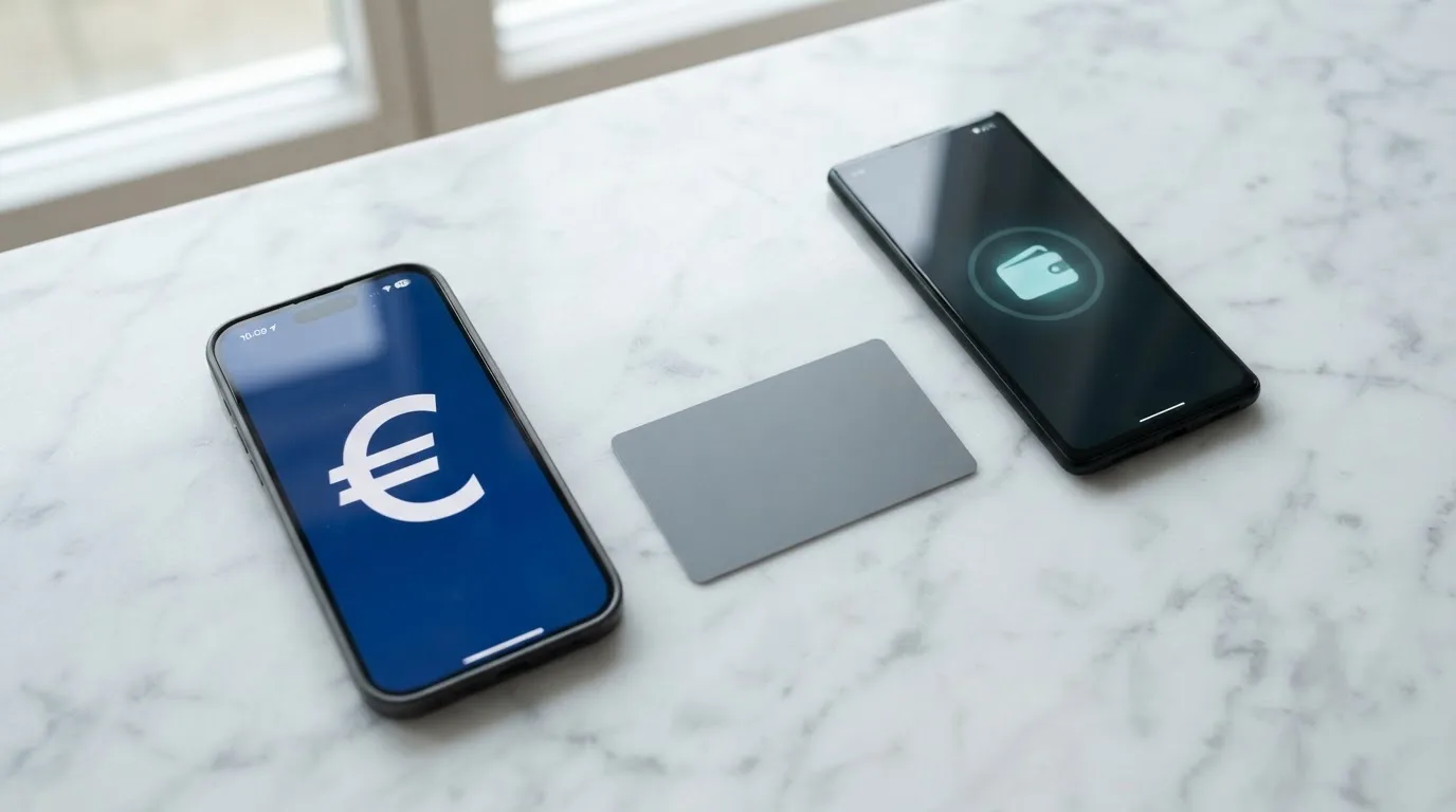 Cartera digital, tarjeta y un icono de banco con una cruz roja, flechas de flujo entre ellos