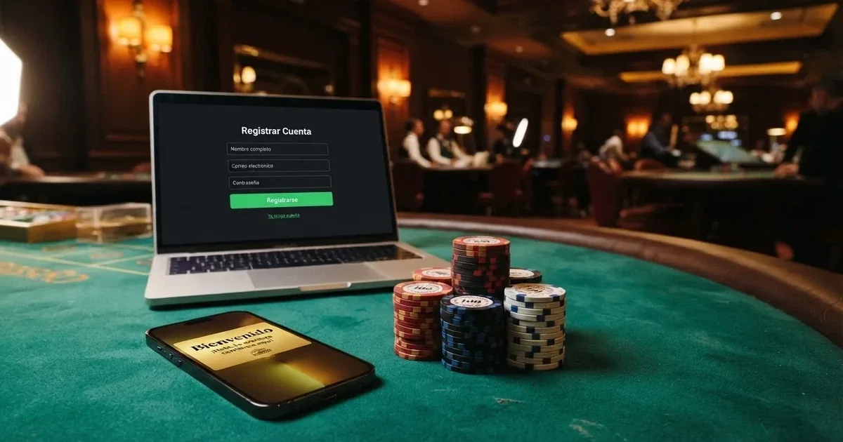 Mesa de juego con fichas, una pantalla de registro de casino y un móvil mostrando la notificación de un bono de bienvenida, sin billetes ni manos sujetando dinero en efectivo