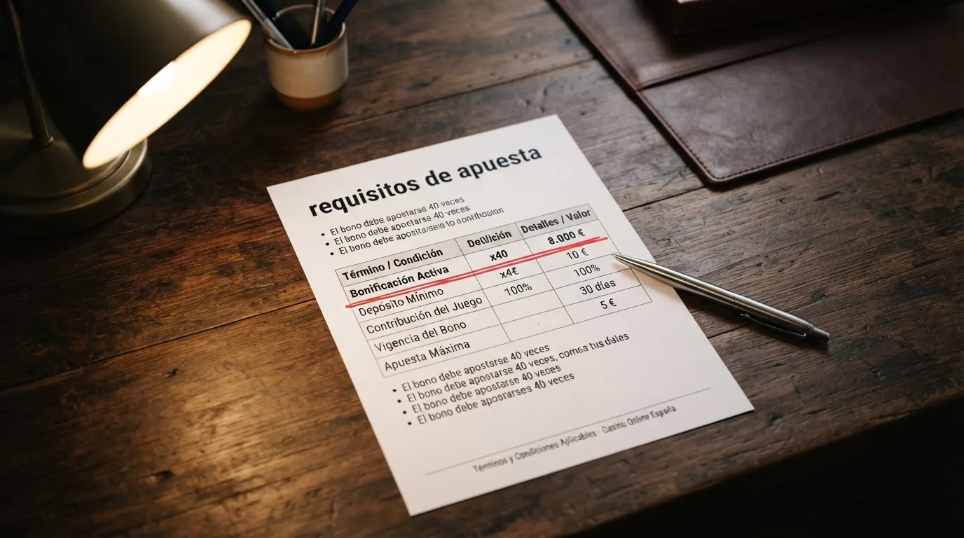 Primer plano de un documento con los requisitos de apuesta de un bono de casino subrayados en rojo