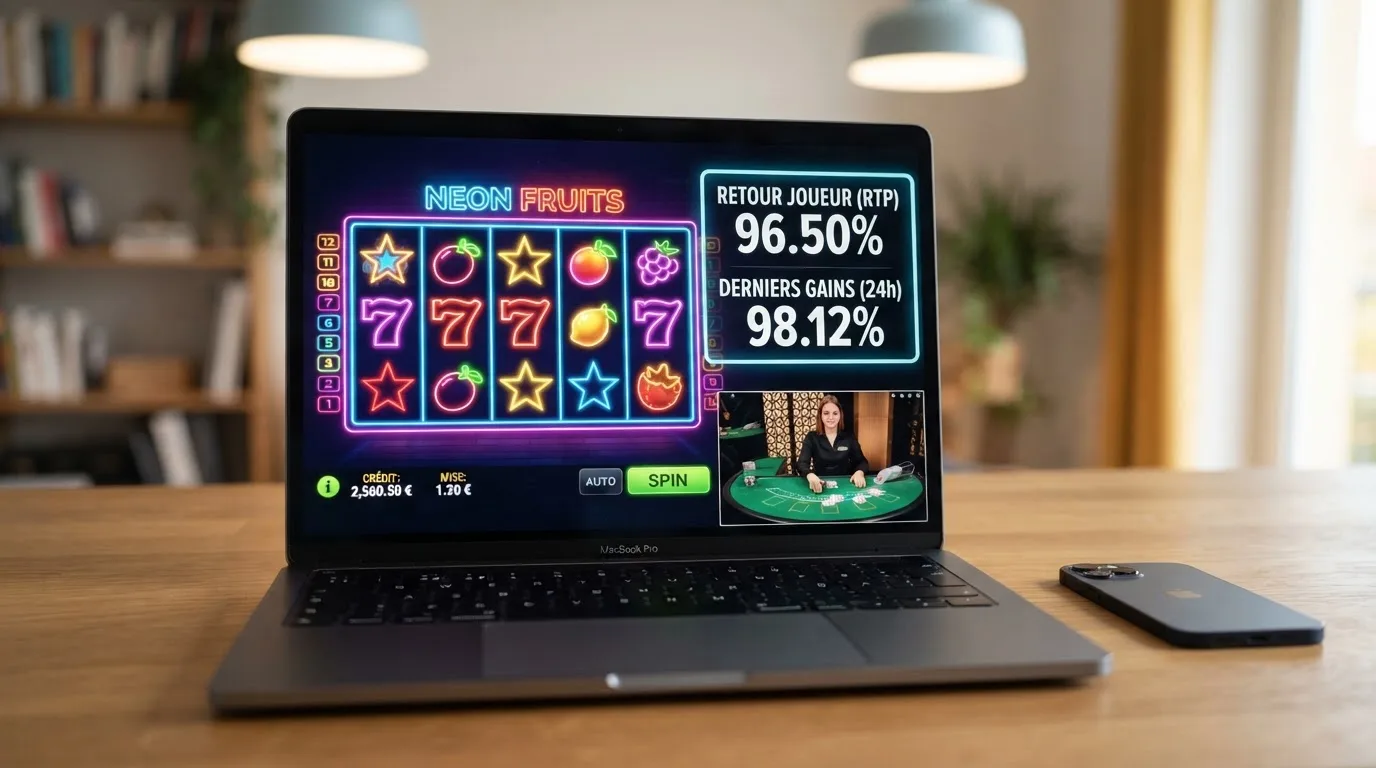 Captura de una tragaperras online con el RTP visible en pantalla y una mesa de ruleta en vivo en segundo plano